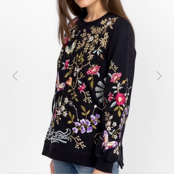 Johnny Was Tops - Johnny Was Floral Embroidered Black Women's Crew Neck Size Small